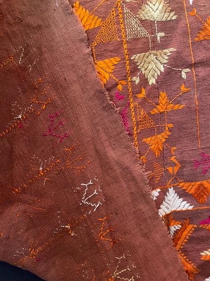 null Phulkari shawl, India, 20th century, shawl made of three sewn bands of brick...