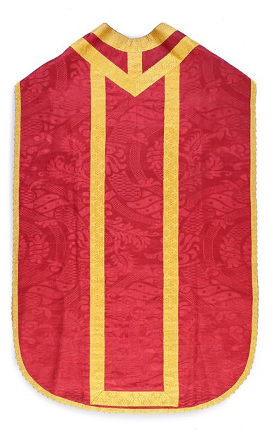 null Chasuble en damas, Italie, fin du XVIe siècle, damas cramoisi à décor de fleurs...