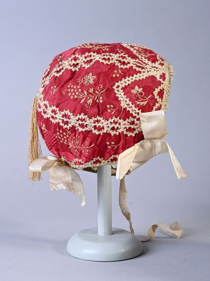 Embroidered bonnet, late 18th-early 19th...