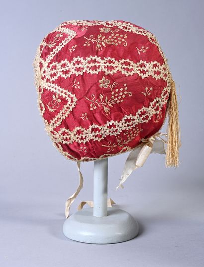 null Embroidered bonnet, late 18th-early 19th century, embroidered crimson damask...