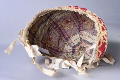 null Embroidered bonnet, late 18th-early 19th century, embroidered crimson damask...