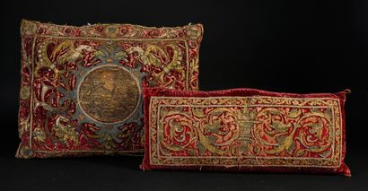 Two cushions in dalmatic orphreys, second...