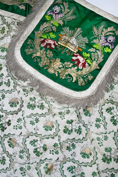 null Composite brocade, 18th-19th centuries, cream, green and gold lampas with a...