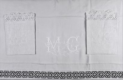 null Bed linen set large sheet and its pillowcases, early twentieth century.
In beautiful...