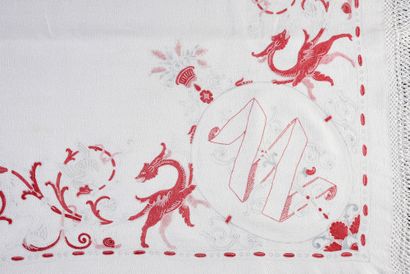 null Tablecloth embroidered in Beauvais stitch, dragons and swans facing each other,...