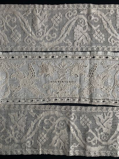 null Border with vase and fantastic flowers, embroidery and cut stitch, early 17th...