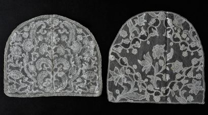 null Two bonnet bottoms and a pair of beards, Brussels and Honiton, spindles, circa...