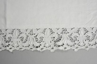 null * PAIR OF PILLOWCASES.

Square shape, white linen, bordered by a large lace...