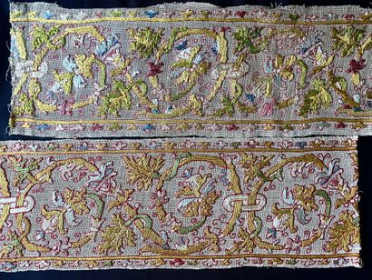 null Rare polychrome Buratto border, Italy, early 17th century.

Two sewn borders...