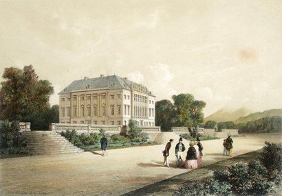 null Château de Frohsdorf, vu des jardins. Grande lithographie colorée et signée...