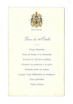 York House Menu de table. Bel exemplaire sur bristol, texte imprimé en lettres bleues,...