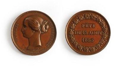null Eugénie, impératrice des Français. Médaille en bronze à son profil, signée Caqué...