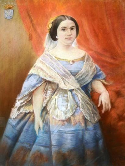Ecole du XIXe siècle Portrait d'une jeune aristocrate. Pastel entoilé. Orné en haut...