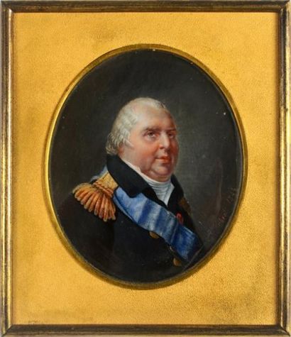 HOBRAT J. Ecole française du XIXe siècle Portrait en buste du roi Louis XVIII. Miniature...