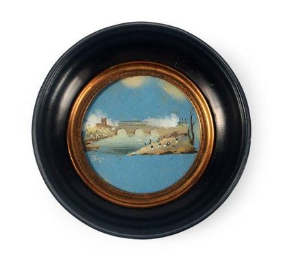 BAZIN Eugène (1799-1866) Scène de bataille historique. Miniature ronde sur vélin,...