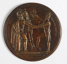 null Louis XVIII, roi de France (1814-1824). Plaque ronde en bronze figurant trois...