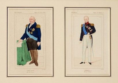 null Louis XVIII et Charles X. Ensemble de 2 petites gravures rehaussées à l'aquarelle,...