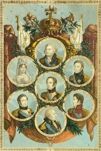 null Famille royale. Belle gravure rehaussée, représentant les portraits en médaillon...