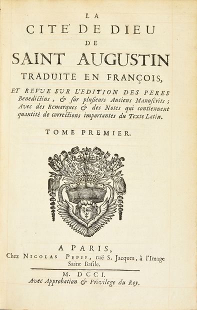 S.AUGUSTIN The city of God... Paris, Nicolas Pepie, 1701.
2 vol. in-8, 12,5 x 19cm,...