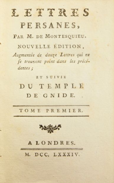 MONTESQUIEU Charles de Lettres persanes... Du temple de Gnide. Londres [Paris, Cazin],...