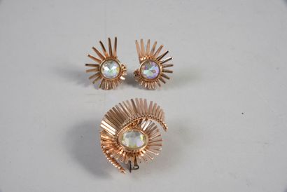 null Set including a brooch and a pair of ear clips in synthetic material with radiating...