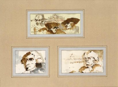 Constantin HAGONDOKOFF Personnages à Venise Suite de trois aquarelles montées sur...