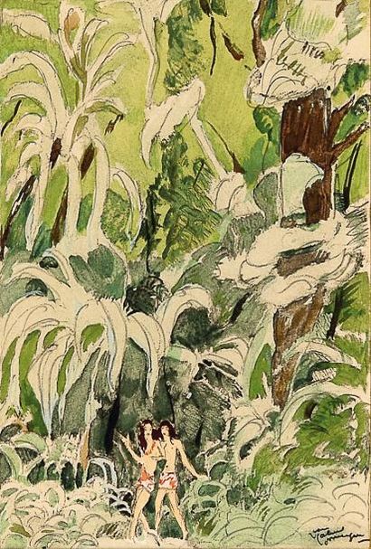 Jean Gabriel DOMERGUE (1889-1962) Tahitiennes dans la jungle Aquarelle signée en...