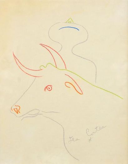 Jean COCTEAU (1889-1963) Tauromachie Crayon de couleurs signé en bas à droite. 25...