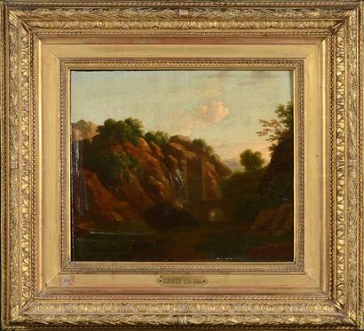 Joseph BIDAULD (1758-1846) Cascade dans un paysage Huile sur toile marouflée sur...