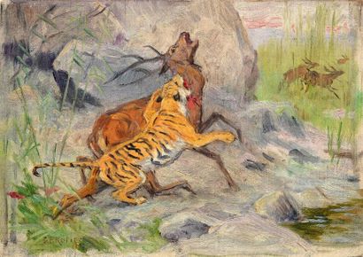 Georges Frédéric RÖTIG (1873-1961) Tigre attaquant un cerf. Huile sur toile, signée...