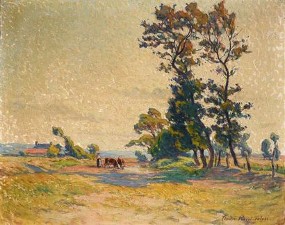 André PREVOT-VALERI (1890-1959) Vaches et leur gardienne dans un paysage Huile sur...