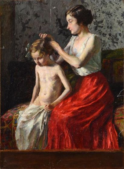 Charles AGARD (1866-1950) Toilette de la petite fille Huile sur toile signée en haut...