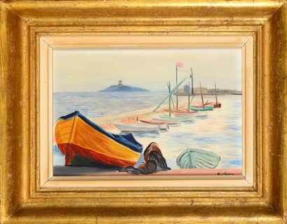 Moise KISLING (1891-1953) circa 1920 Barques et voiliers sur la gréve Huile sur toile...