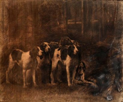 Bertrand TAVERNIER ( 1852-1943) Attribué à Meute de chiens Dessin au fusain 53 x...