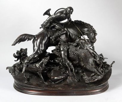 Jules MOIGNIEZ (1835-1894) La chasse au sanglier Exceptionnel bronze à patine brune...