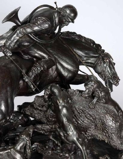 Jules MOIGNIEZ (1835-1894) La chasse au sanglier Exceptionnel bronze à patine brune...