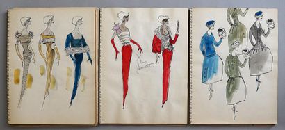 SERRES (J.) Ensemble de trois cahiers de croquis de mode pour J. Fath, vers 1950-1955,...