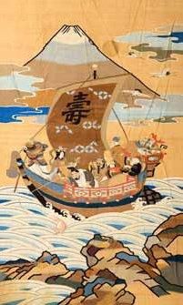 null La Barque du Bonheur, tapisserie Japon, époque Meiji, tissage soie polychrome...