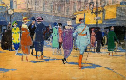 null Les Galeries Lafayette, 1919, vue animée du croisement de la rue de la Chaussée...
