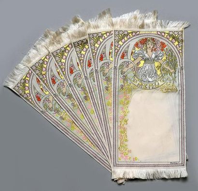 null Six menus tissés, d'après A, Mucha, vers 1900, façonnés soie polychrome et filé...