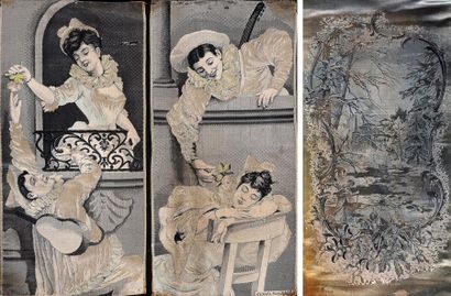 null Trois tableaux tissés, Saint Etienne, vers 1900, Pierrot et Colombine d'après...