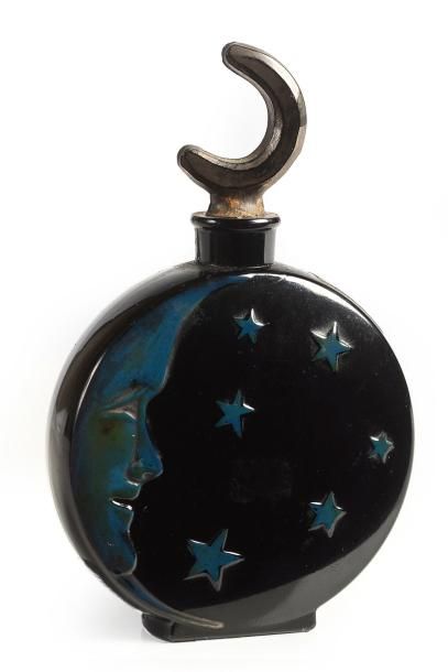 SARI «Lune de Miel» - (années 1920) Rare flacon en verre opaque noir pressé moulé...