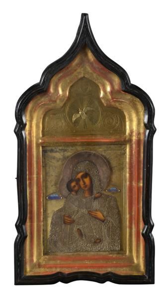 null Icône de mariage peinte sur bois. Vierge de Wladimir. Avec riza et nimbe en...