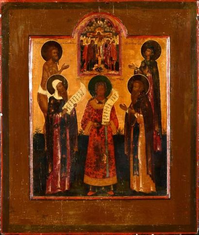 null Icône peinte sur bois. Crucifixion surmontant la Vierge, Iaroslav, Sainte Anne,...
