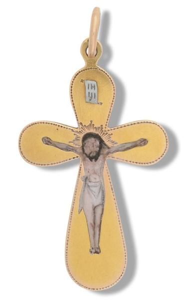 null Croix pendentif en or, à l'effigie de la Crucifixion du Christ en émaux polychromes....