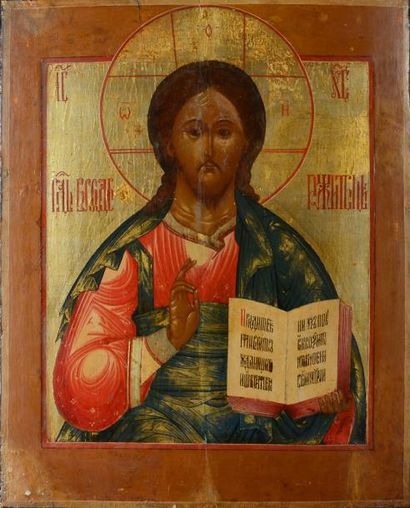null Grande icône peinte sur bois. Christ Pantocrator. Travail russe du XIXe siècle....