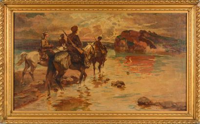 SA MOKISH Nicolas (1860-1944) Cavaliers au coucher de soleil. Huile sur toile, signée...
