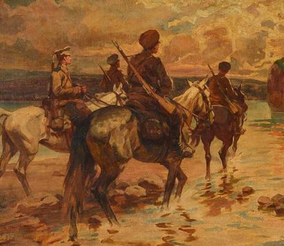 SA MOKISH Nicolas (1860-1944) Cavaliers au coucher de soleil. Huile sur toile, signée...