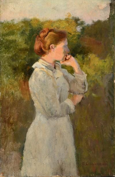 KOWALEVSKI Pavel (1843-1903) Profil de femme dans un paysage. Huile sur toile, signée...