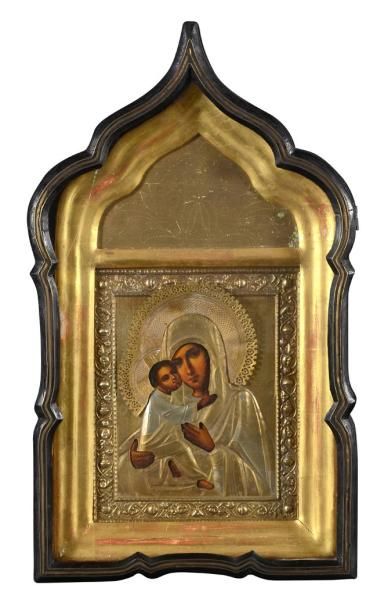 null Icône peinte sur bois. Vierge de Wladimir. Avec riza et nimbe en métal doré,...